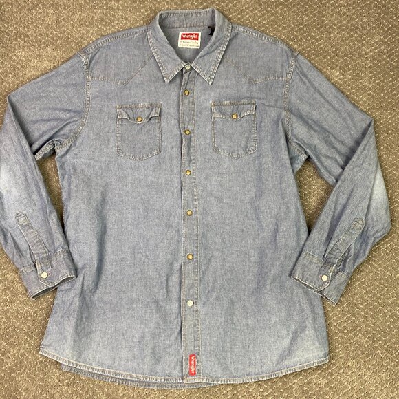 Wrangler Pearl Snap Chambray Shirt Men's XL Blue Denim Chore Western - Picture 1 of 15